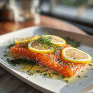serving Traeger lemon dill smoked salmon with lemon wedges