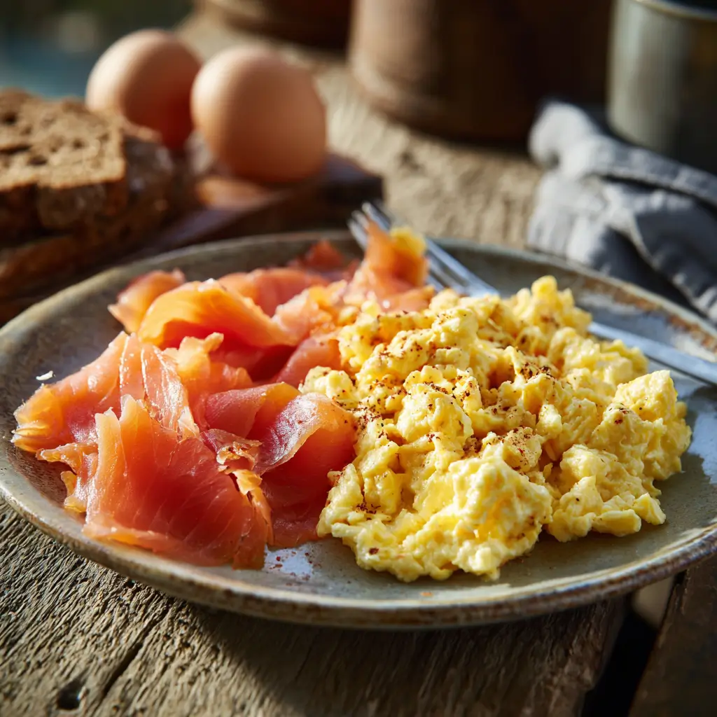 smoked salmon and eggs breakfast on rustic table