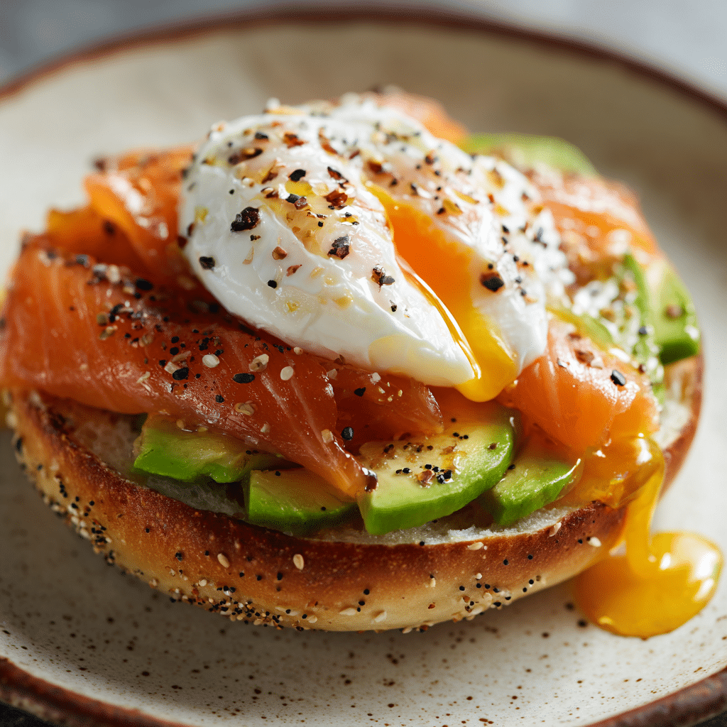 smoked salmon avocado bagel with poached egg and hot honey drizzle