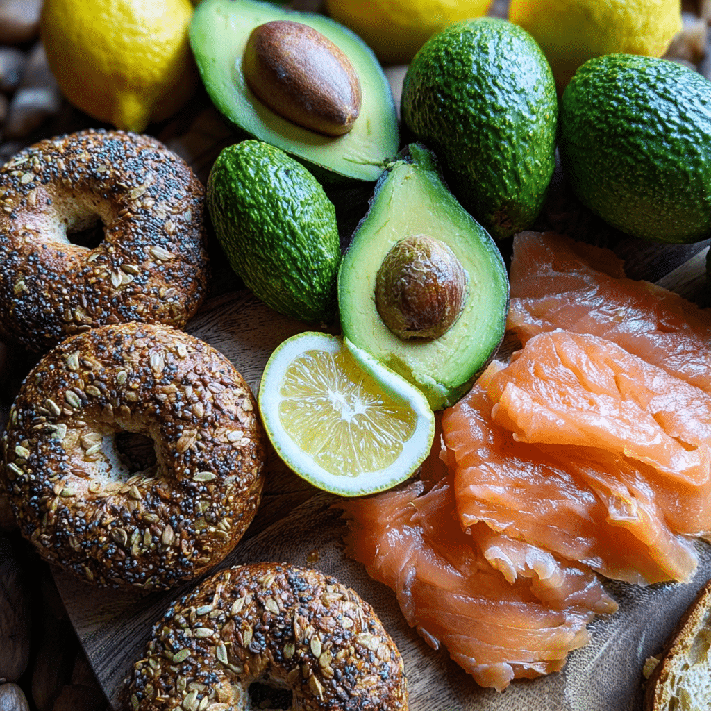 ingredients for smoked salmon avocado bagel with avocado and salmon