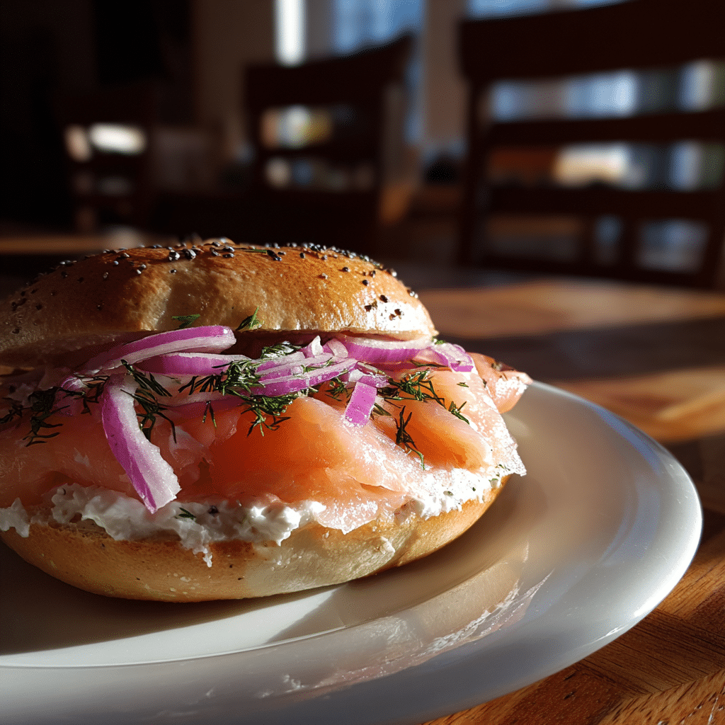 smoked salmon bagel breakfast on a wooden table