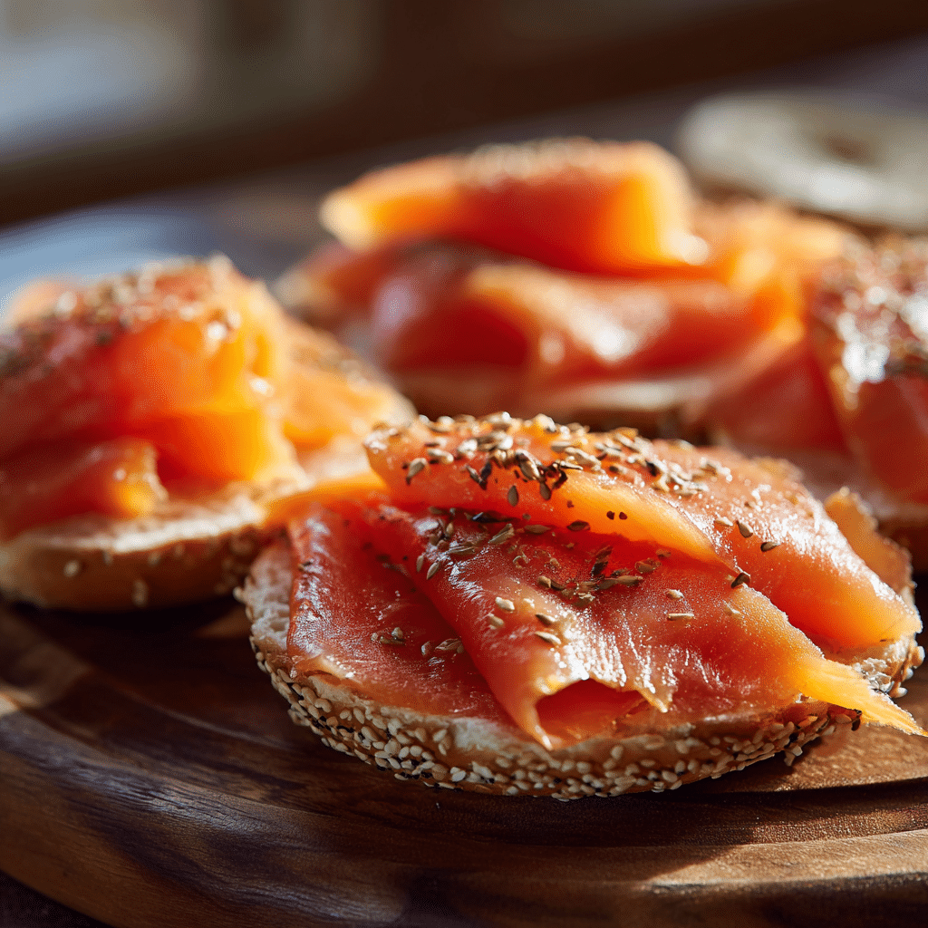 Open Faced Smoked Salmon Bagel: Elegant Breakfast Simplicity in Every Bite 3 Ingredients for open faced smoked salmon bagel including smoked salmon and bagels.