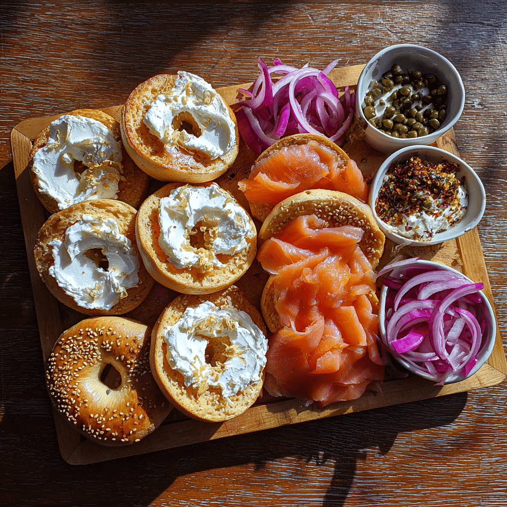 smoked salmon bagel ingredients on wooden board