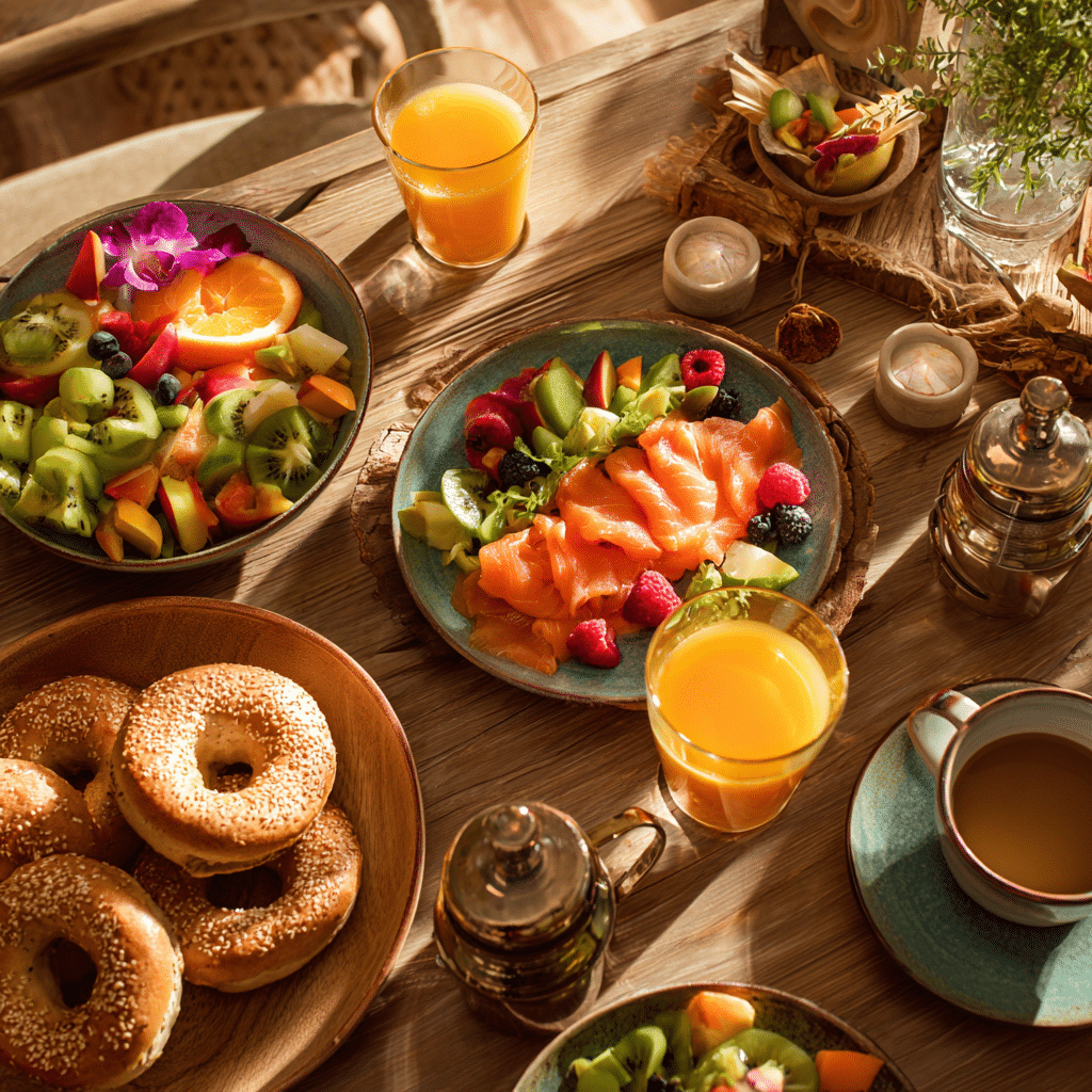 smoked salmon bagel with cream cheese brunch setup