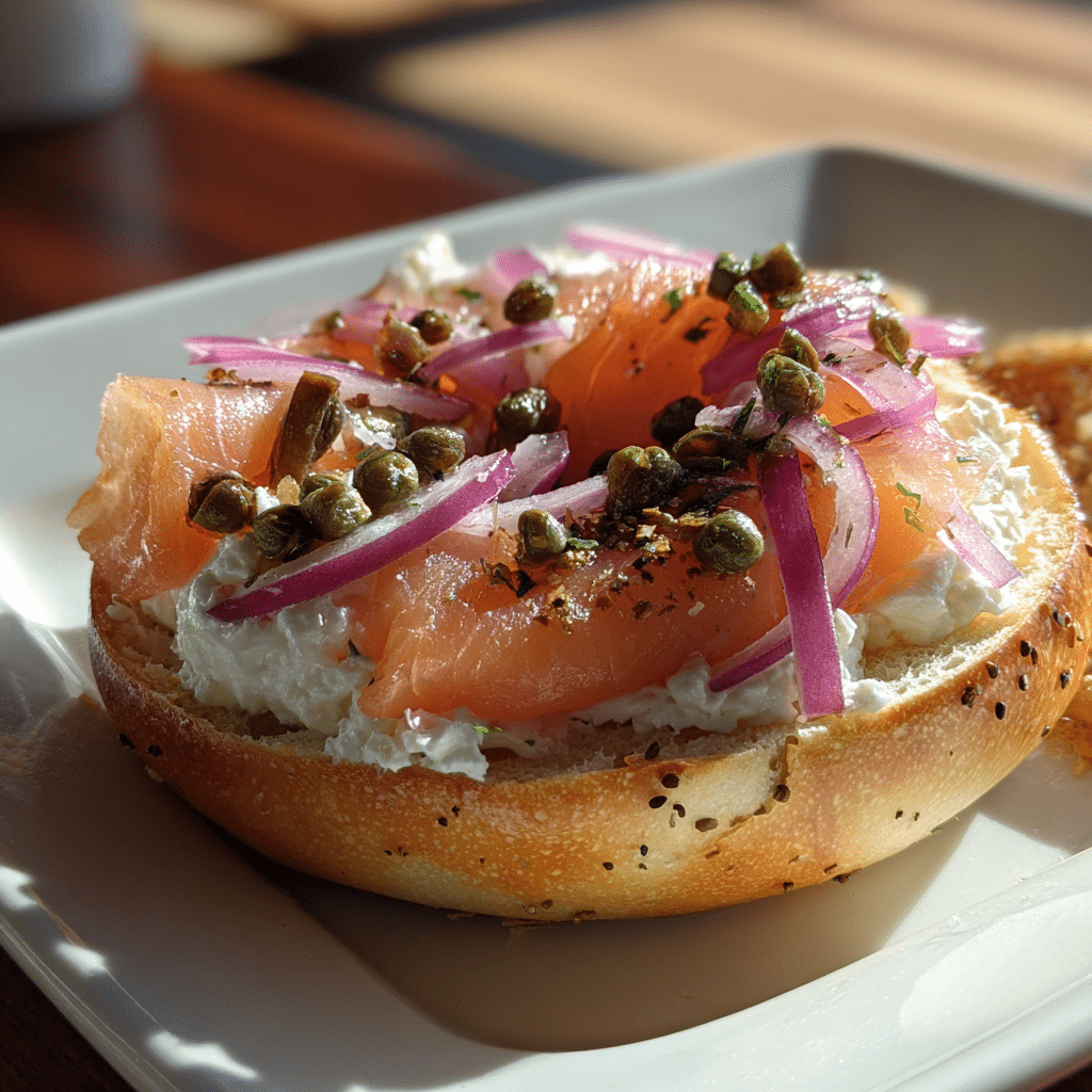 smoked salmon bagel with cream cheese on plate