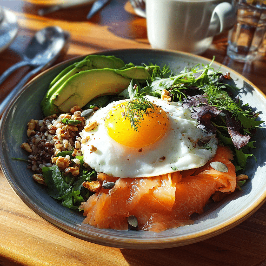 smoked salmon breakfast bowl with avocado and greens