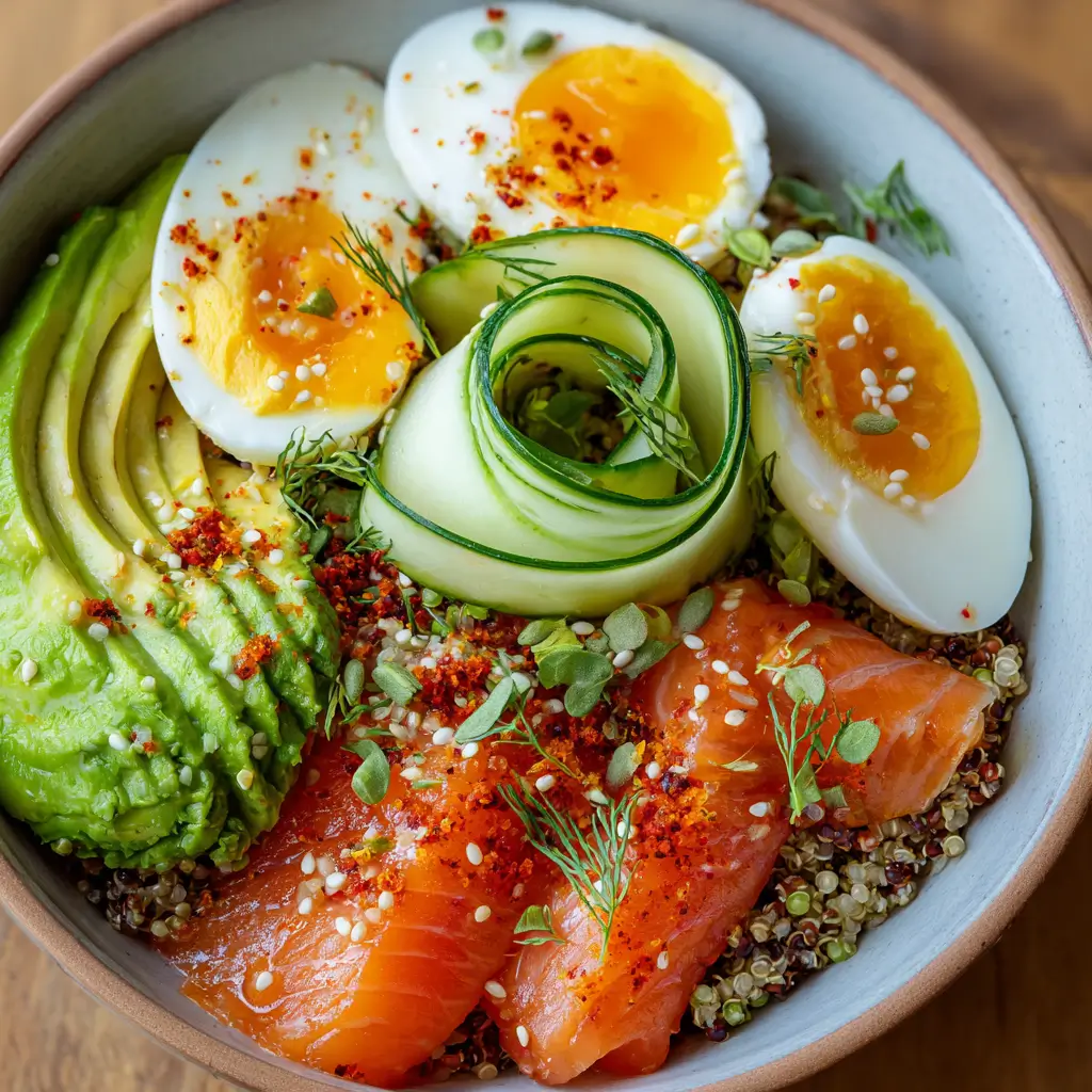 Easy smoked salmon breakfast bowl with quinoa and avocado