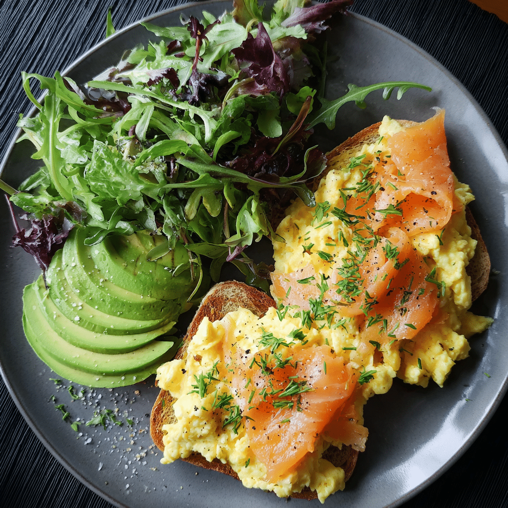 plated smoked salmon cheese scrambled eggs with avocado toast