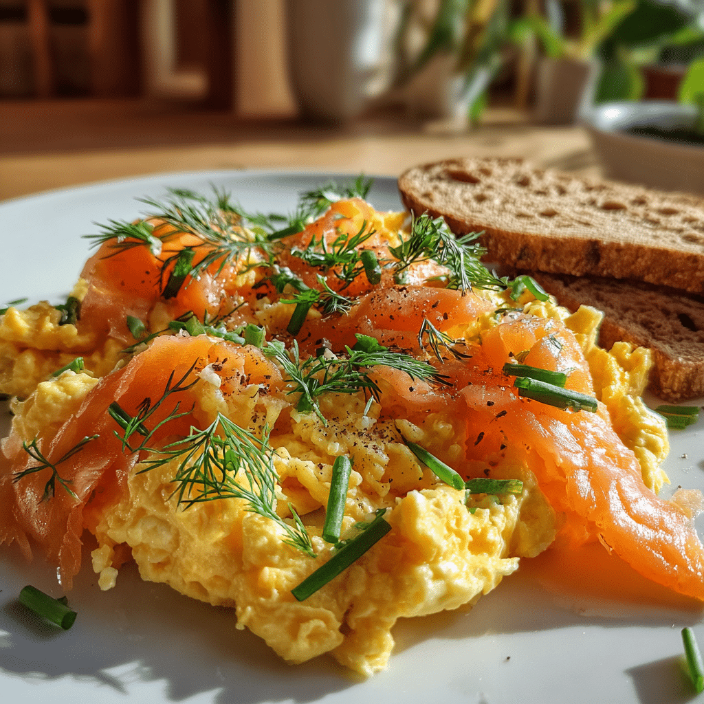 smoked salmon cheese scrambled eggs breakfast close-up