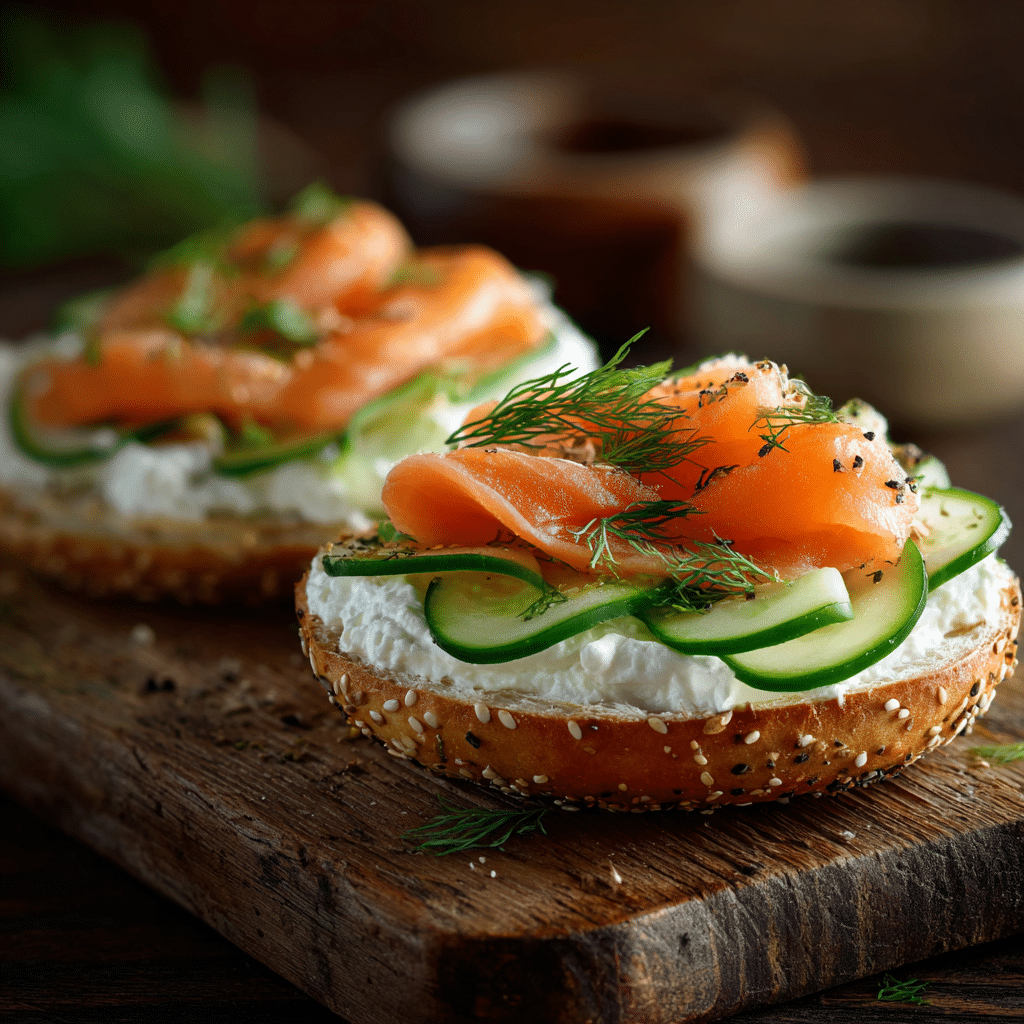 smoked salmon cucumber bagel topped with cream cheese, cucumber, and dill