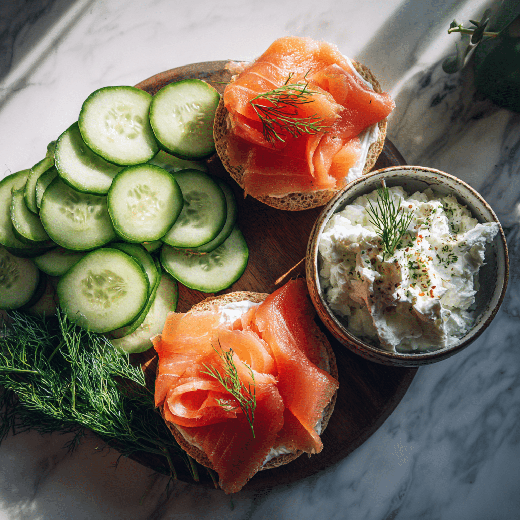 smoked salmon cucumber bagel ingredients with dill and cream cheese