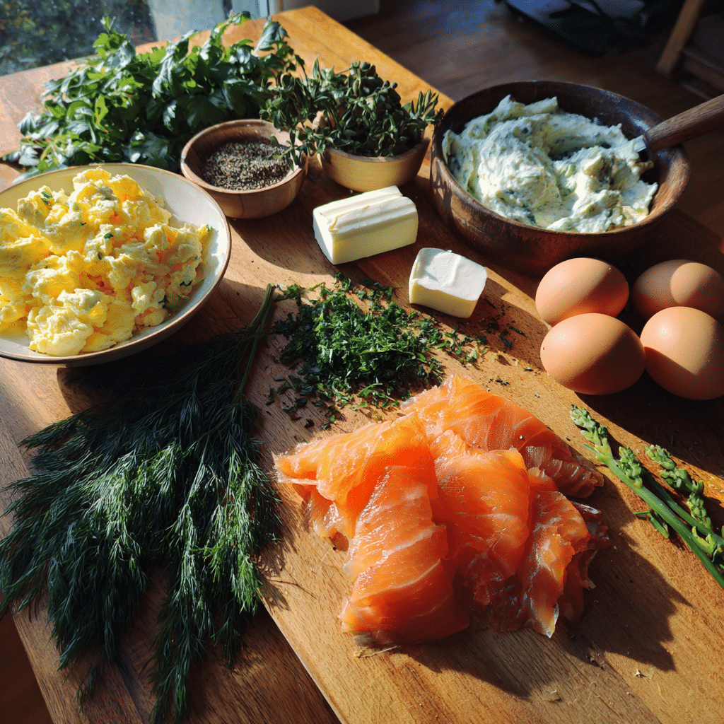 fresh ingredients for smoked salmon scrambled eggs on kitchen counter