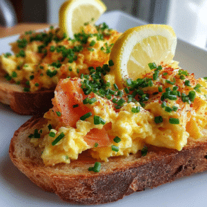 smoked salmon scrambled eggs served on toast with chives and lemon