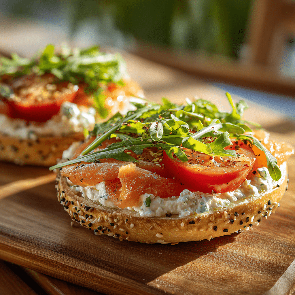 smoked salmon tomato bagel with arugula and tomato on wooden table