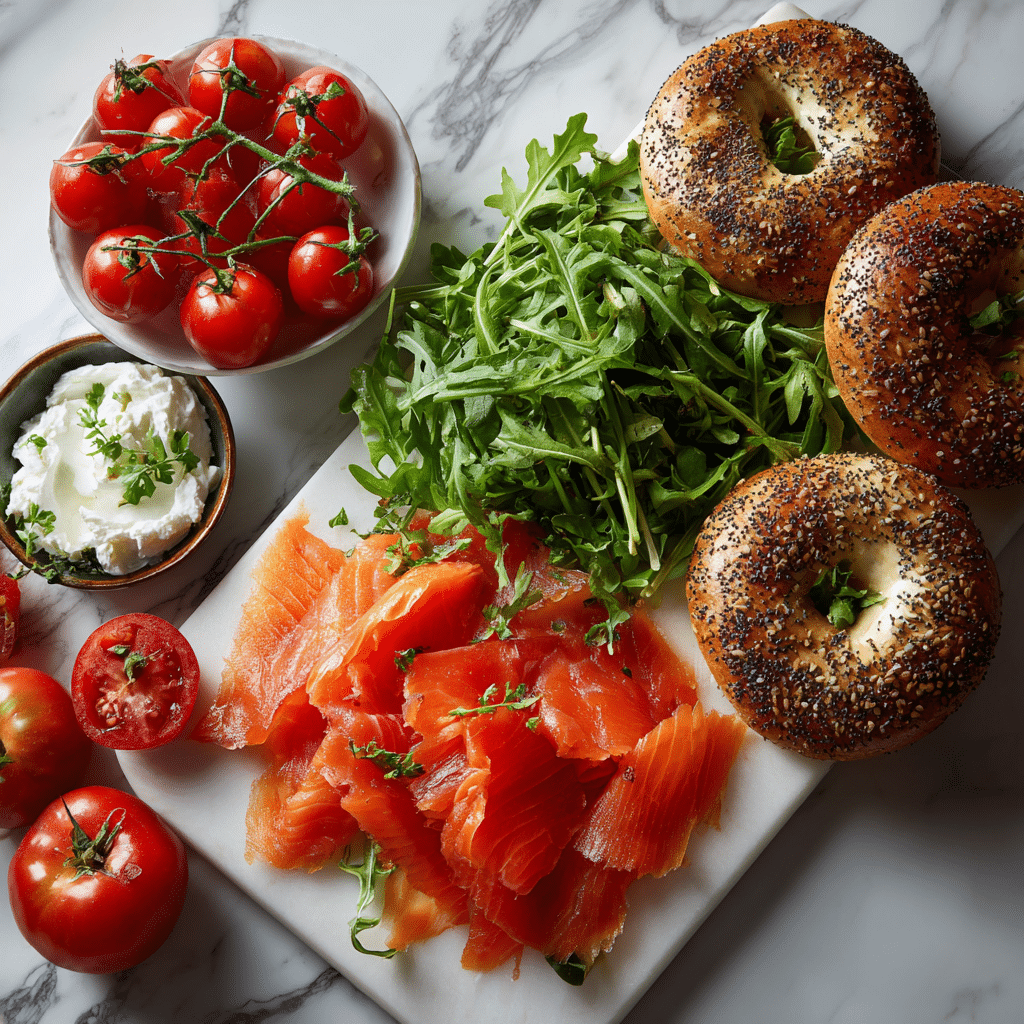 ingredients for smoked salmon tomato bagel on marble counter