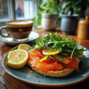 plated smoked salmon tomato bagel served for brunch