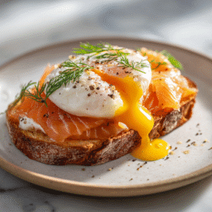 Smoked salmon and poached egg breakfast on sourdough toast with dill and hollandaise sauce