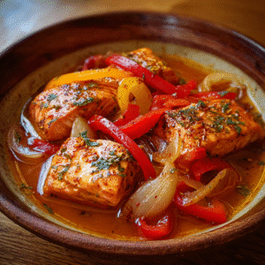 Stewed salmon served in tomato-based sauce with herbs