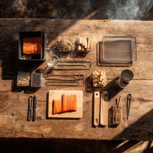Tools for Smoking Salmon at Home: Everything You Need for Perfectly Smoked Salmon 5 Essential tools for smoking salmon displayed on wooden table