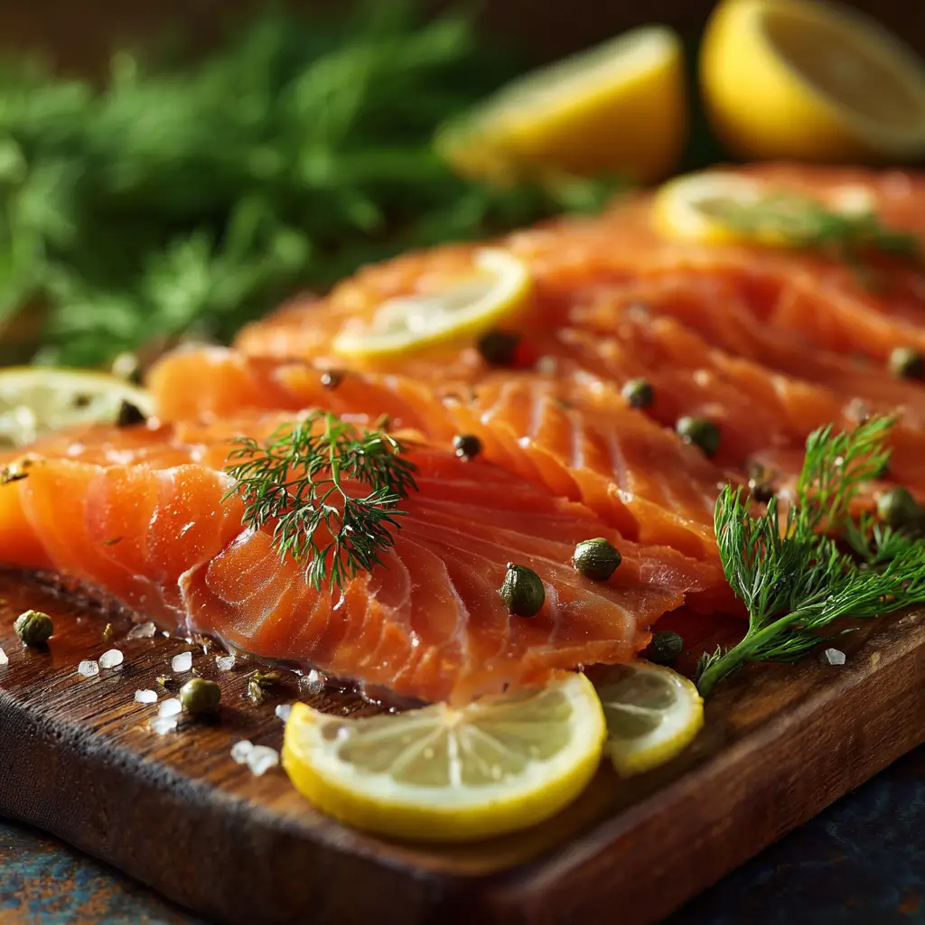 uses for cold smoked salmon on a wooden board with lemon and dill