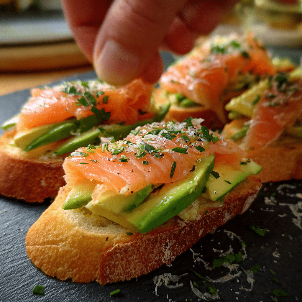 person assembling smoked salmon avocado crostini