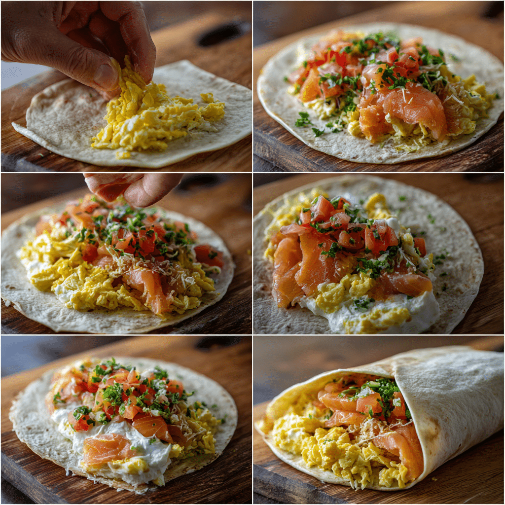 assembling smoked salmon breakfast burrito with eggs and cream cheese