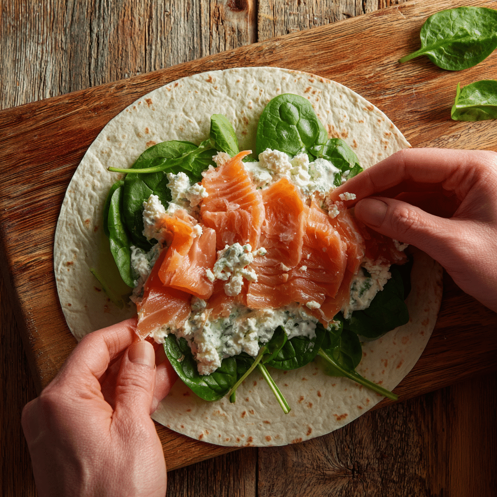 Smoked Salmon and Feta Wrap: A Tangy Mediterranean Breakfast Delight 3 Assembling smoked salmon feta wrap with spinach and feta