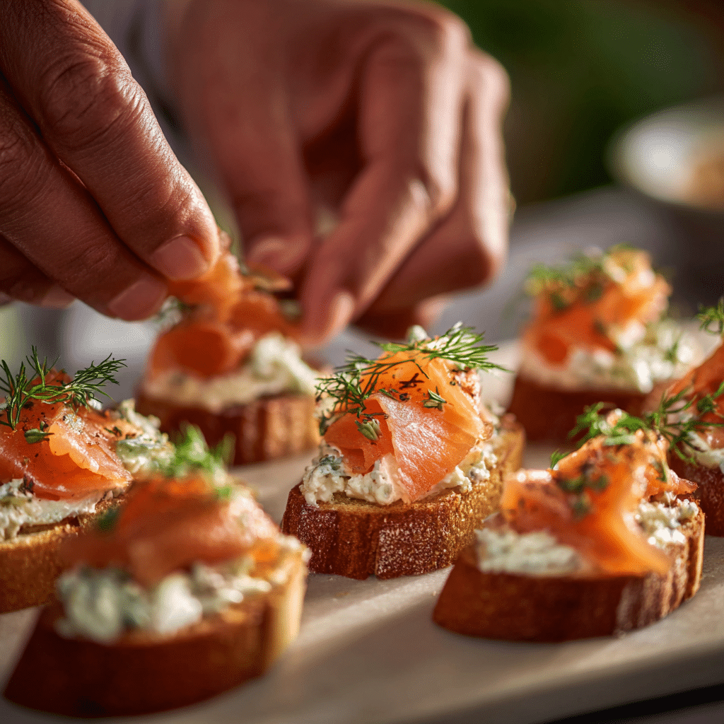 assembling smoked salmon goat cheese crostini step by step
