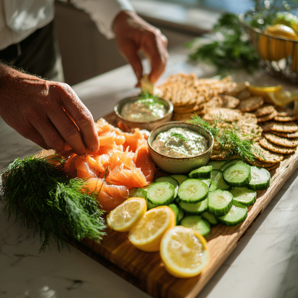 assembling smoked salmon grazing board with fresh garnishes