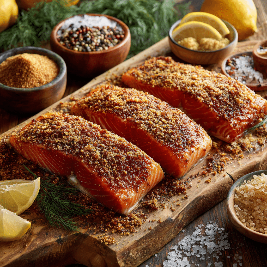 Master the Smoked Salmon Rub Recipe: 7 Blends for Perfect Flavor 3 brown sugar smoked salmon rub on raw salmon fillet