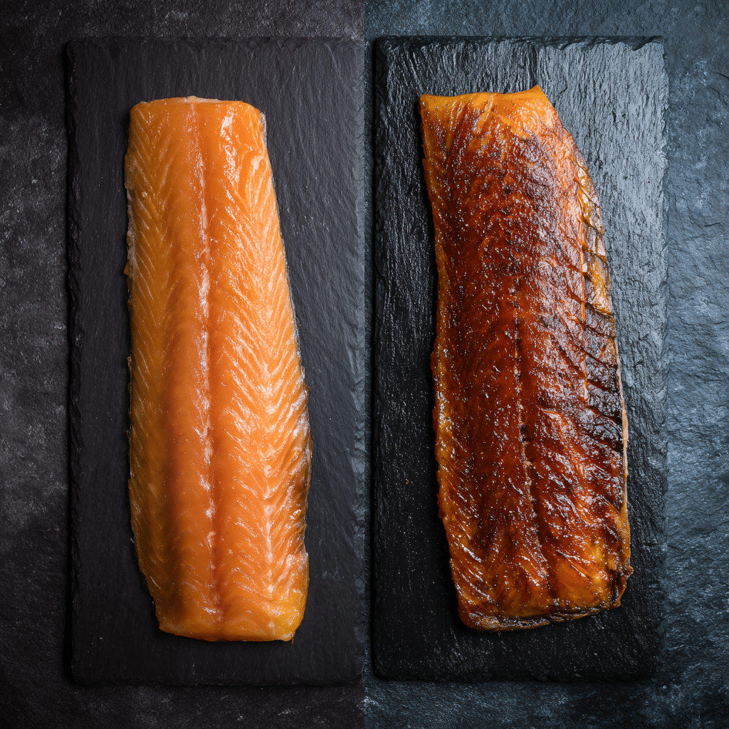 cold and hot smoked salmon comparison for platter