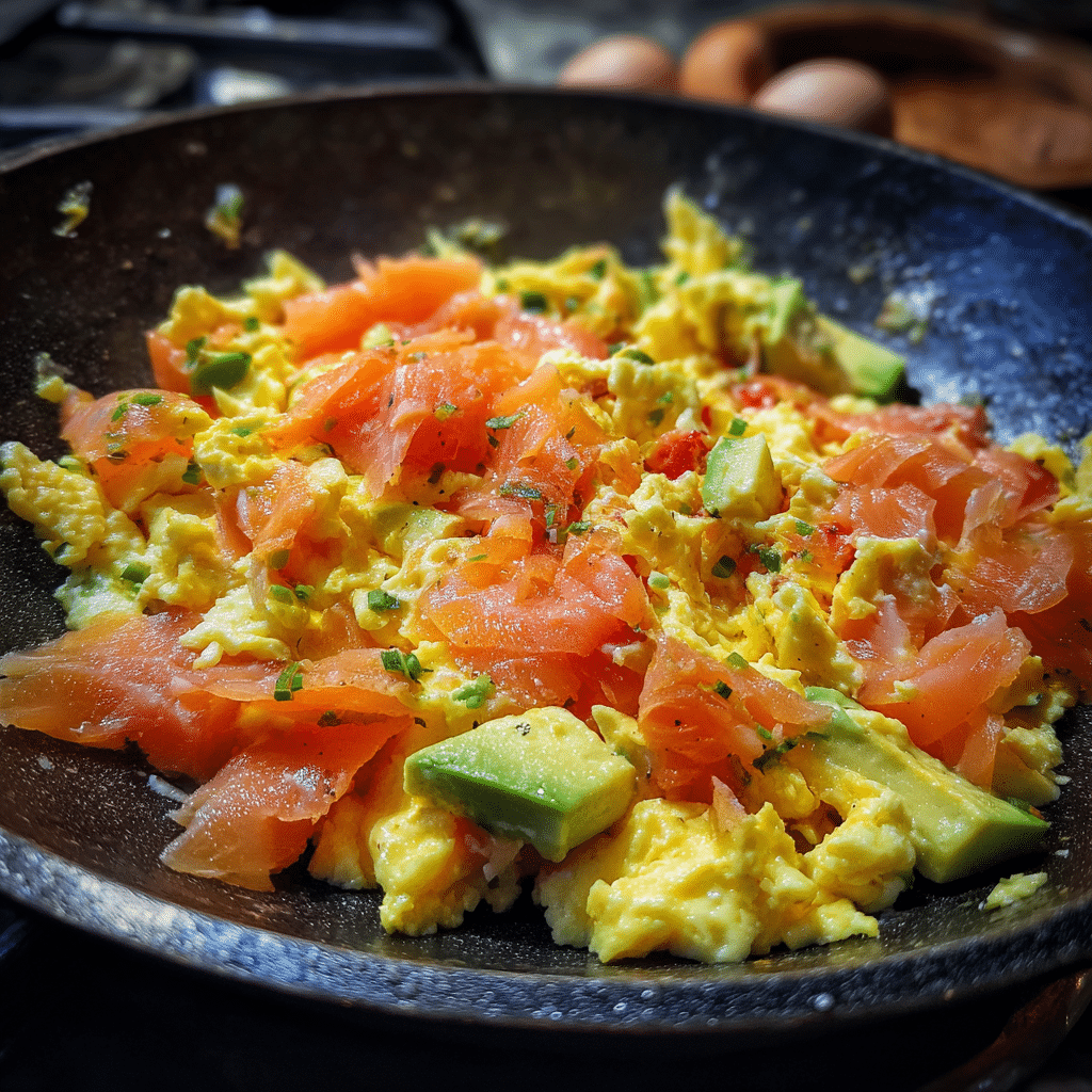 Cooking smoked salmon avocado scrambled eggs in a skillet