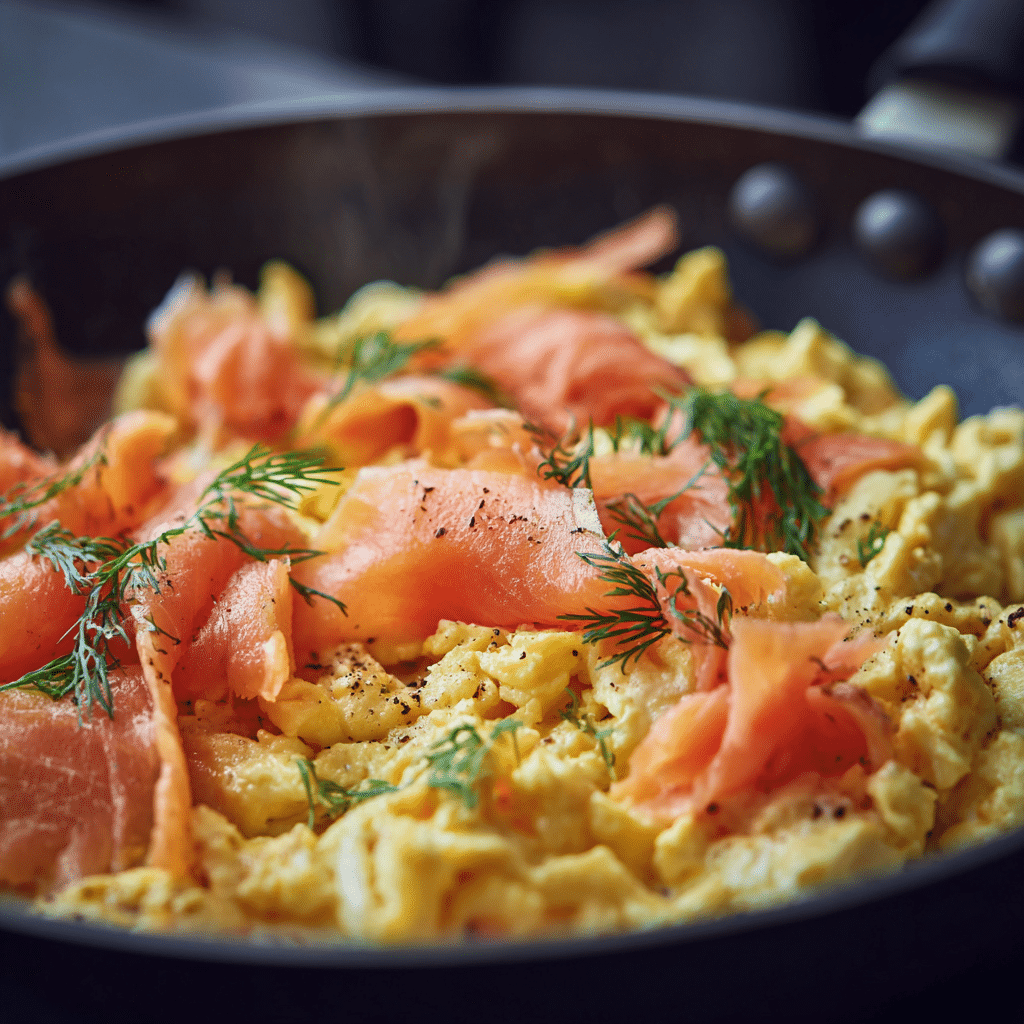 cooking smoked salmon lemon dill eggs in a skillet