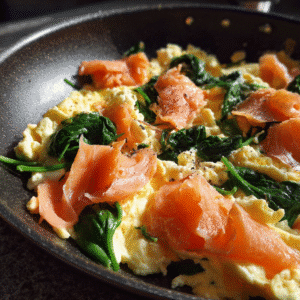 cooking smoked salmon spinach scrambled eggs in pan