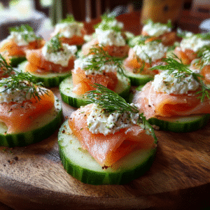 Easy Smoked Salmon Appetizers: Elegant Bites for Effortless Entertaining 2 Easy smoked salmon appetizers on cucumber rounds with dill