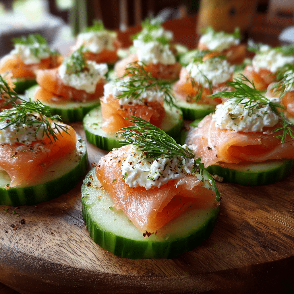Easy smoked salmon appetizers on cucumber rounds with dill