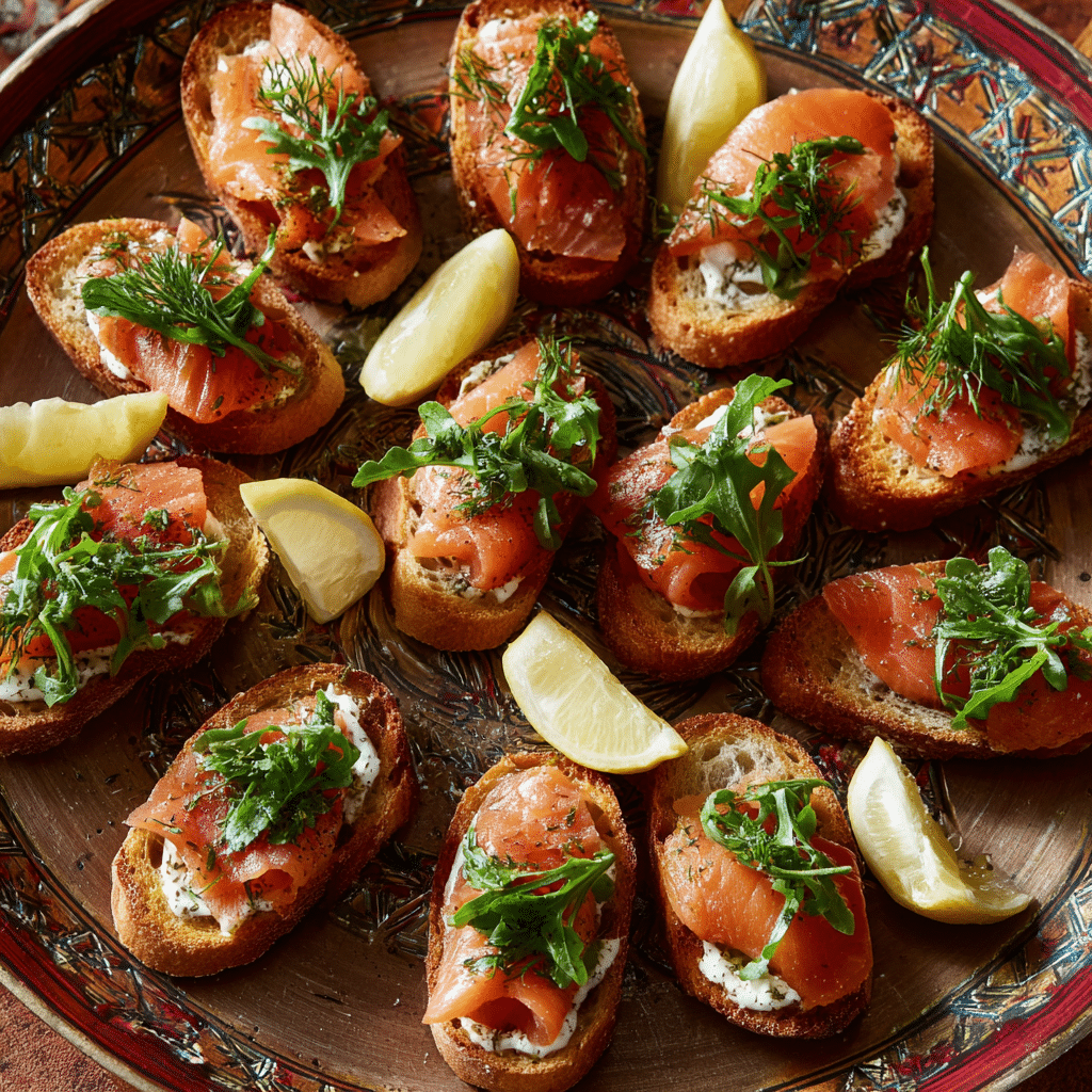 platter of easy smoked salmon crostini garnished with lemon and dill