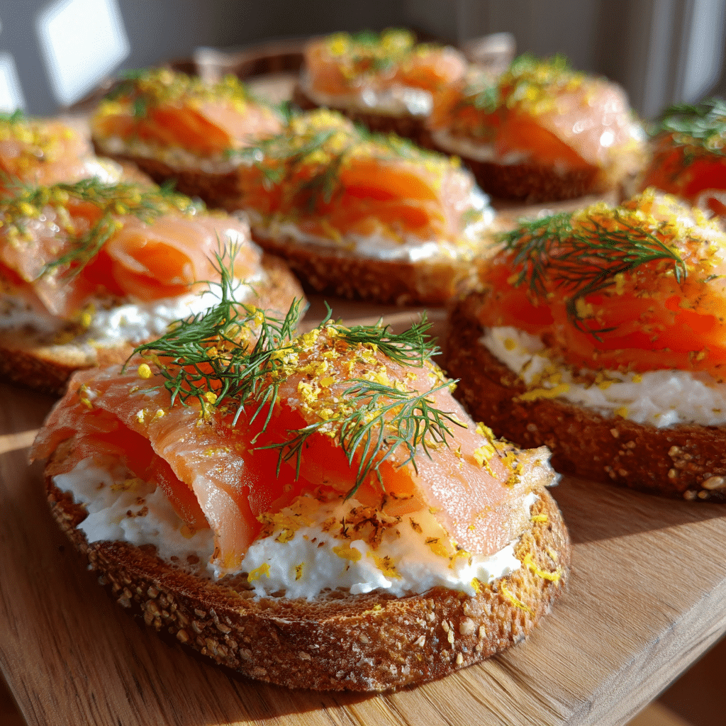 easy smoked salmon crostini on wooden serving tray topped with cream cheese, dill, and lemon zest