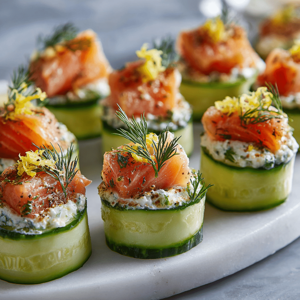 finished smoked salmon cucumber bites with dill garnish