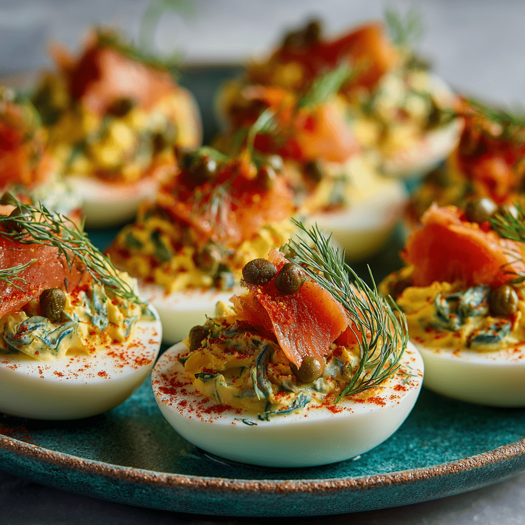 Smoked Salmon Deviled Eggs: A Gourmet Twist on a Classic Favorite 4 garnished smoked salmon deviled eggs with dill and capers