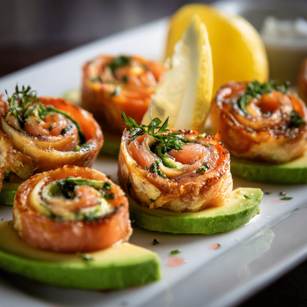 Healthy smoked salmon pinwheel appetizers with avocado