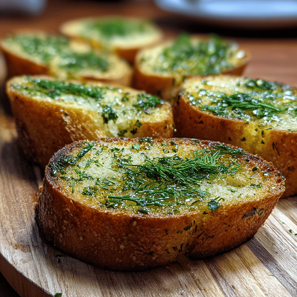 Herbed crostini slices ready for smoked salmon dill crostini.