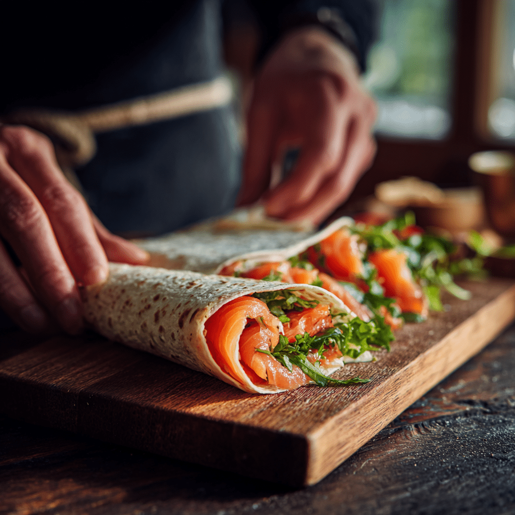 Smoked Salmon Veggie Wrap: A Colorful, Healthy Breakfast To Start Your Day Right 4 Rolling a smoked salmon veggie wrap step by step