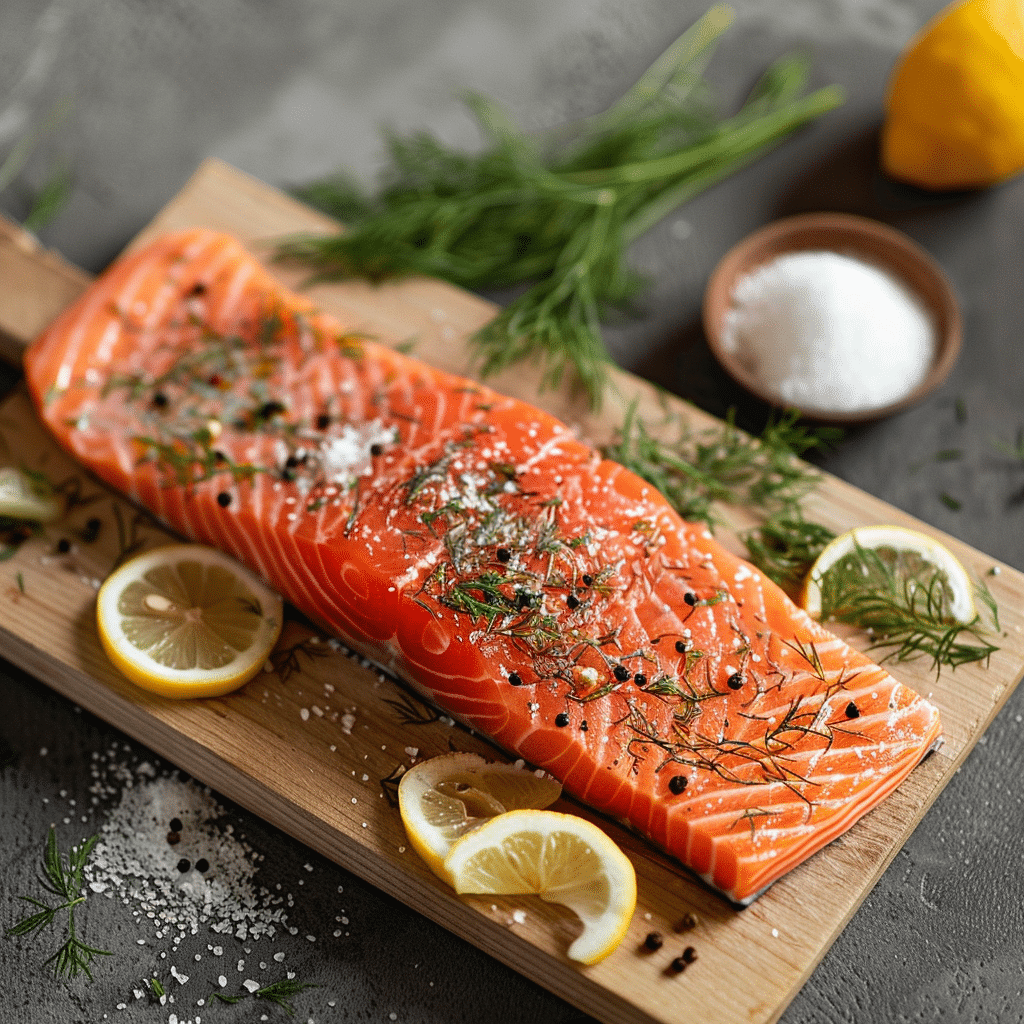 beginner smoked salmon on wooden board with lemon and dill