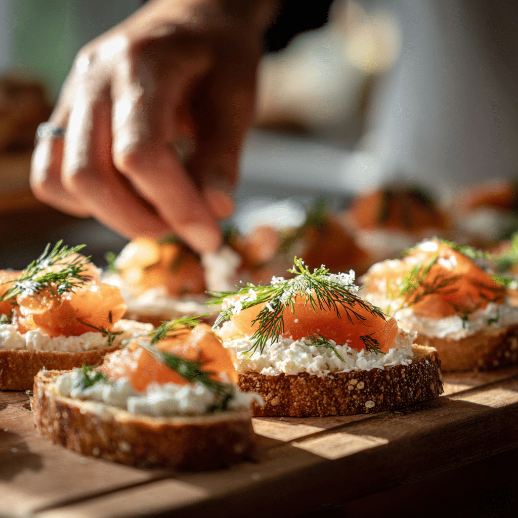 Smoked Salmon Crostini Appetizers – A Savory Bite for Every Occasion 4 layering smoked salmon crostini with cream cheese and herbs