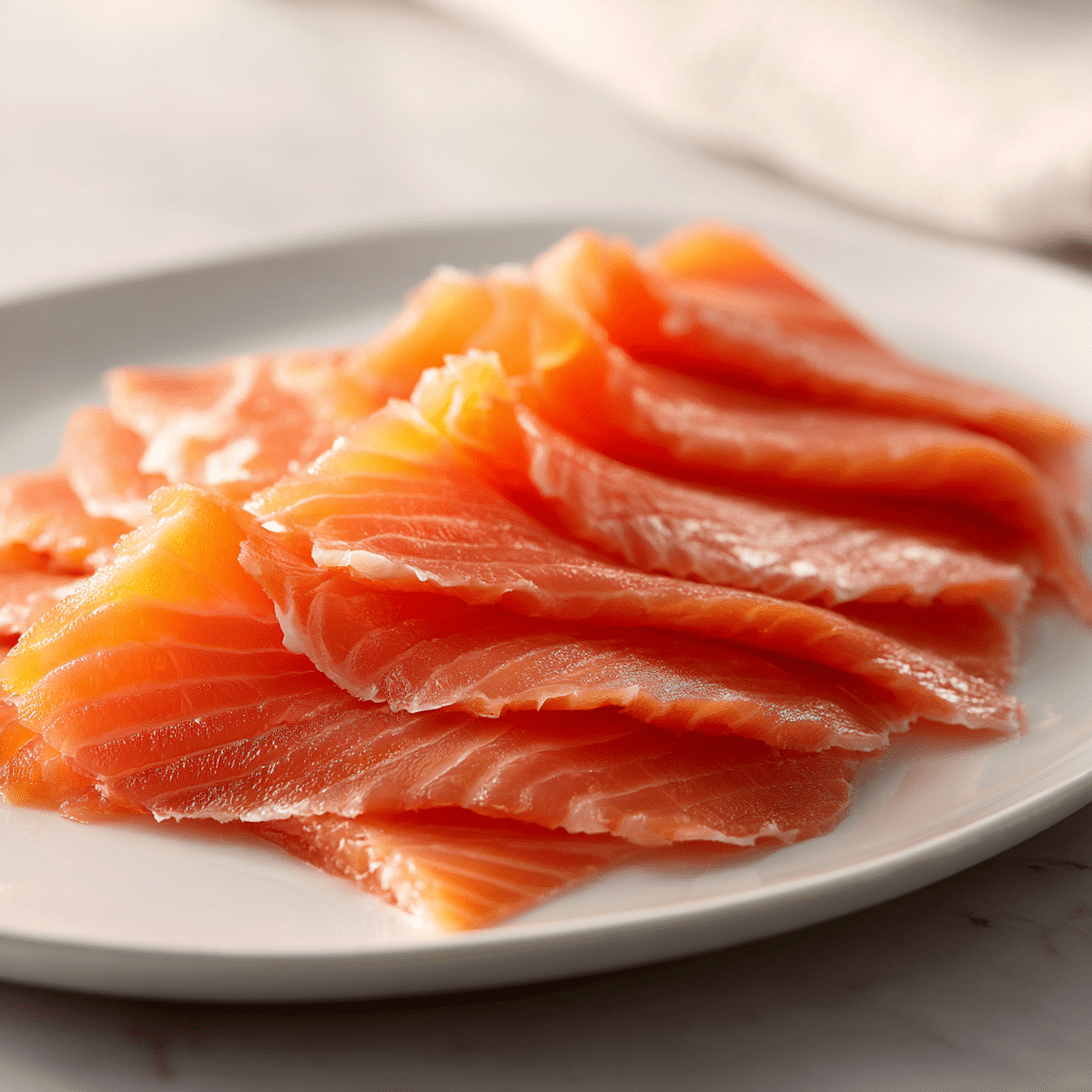 lightly smoked salmon slices pale pink smooth texture