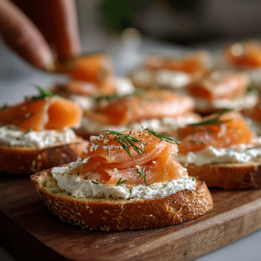 making smoked salmon cream cheese crostini step by step