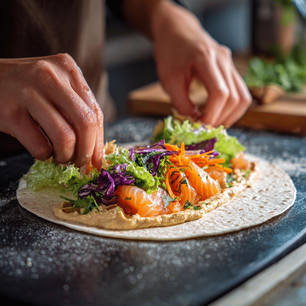 Smoked Salmon and Hummus Breakfast Wrap: A Creamy Mediterranean Morning Delight 3 how to make smoked salmon hummus wrap