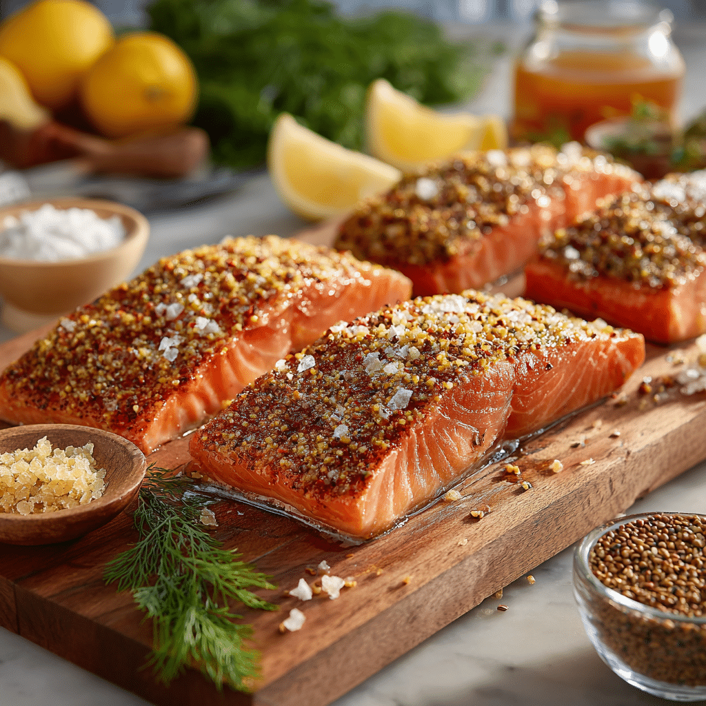 Master the Smoked Salmon Rub Recipe: 7 Blends for Perfect Flavor 7 maple mustard smoked salmon rub on raw salmon fillet