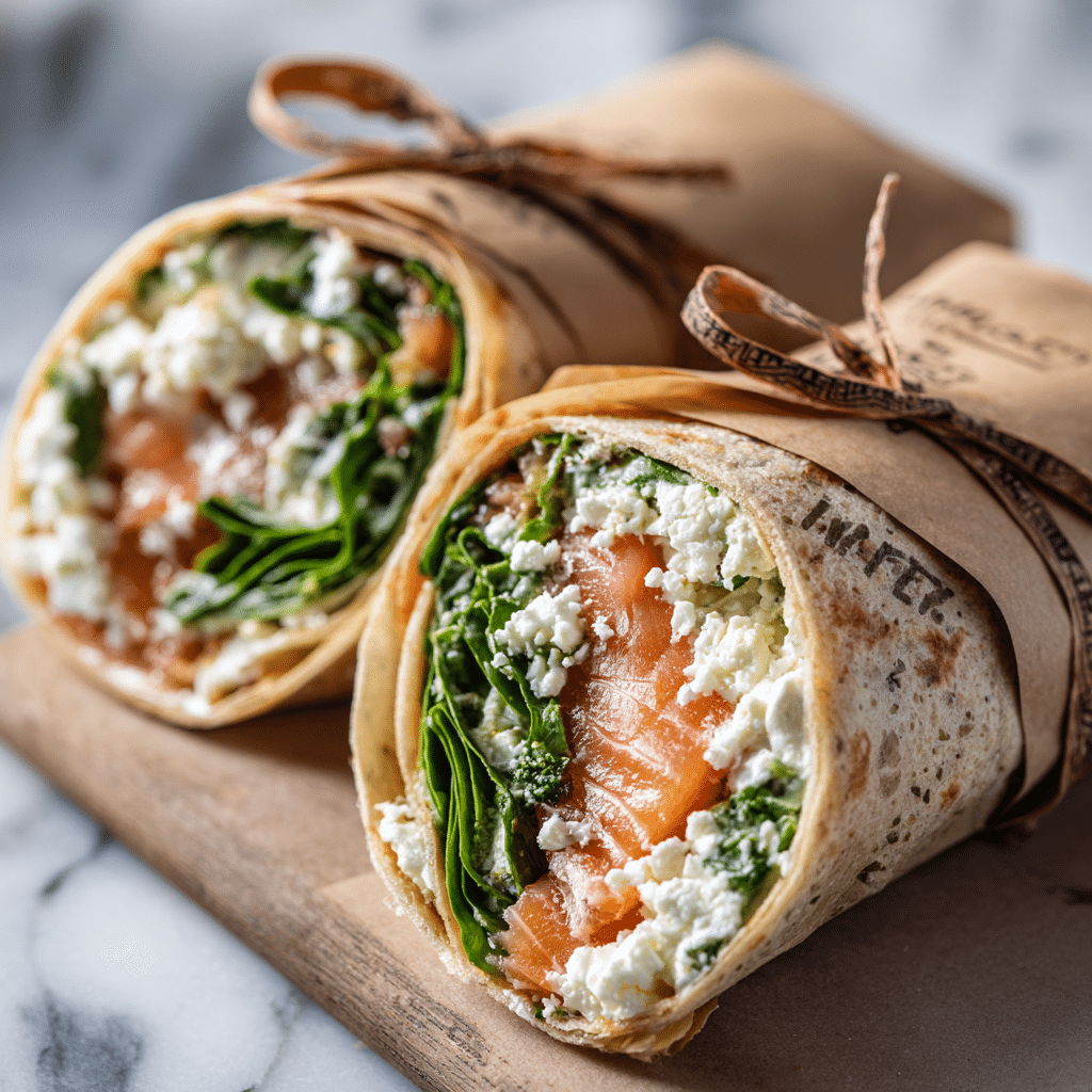 Smoked Salmon and Feta Wrap: A Tangy Mediterranean Breakfast Delight 5 Meal-prepped smoked salmon feta wraps in parchment